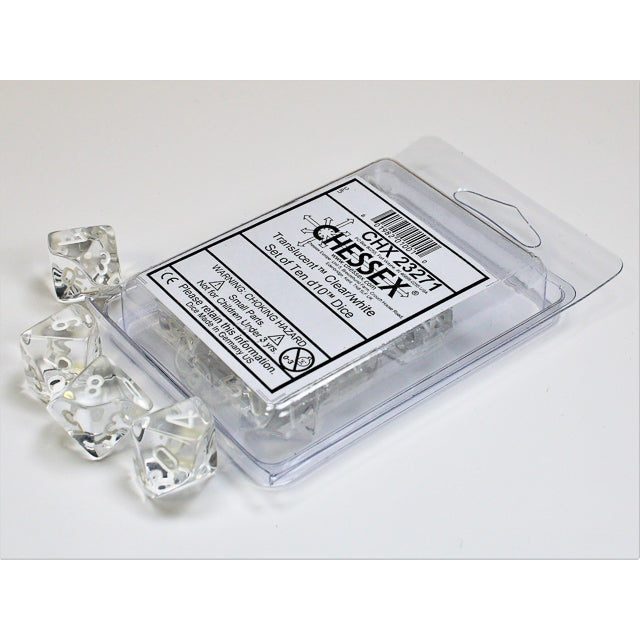 Chessex 23271 Translucent Clear/white Set of Ten d10s (9003707498733)