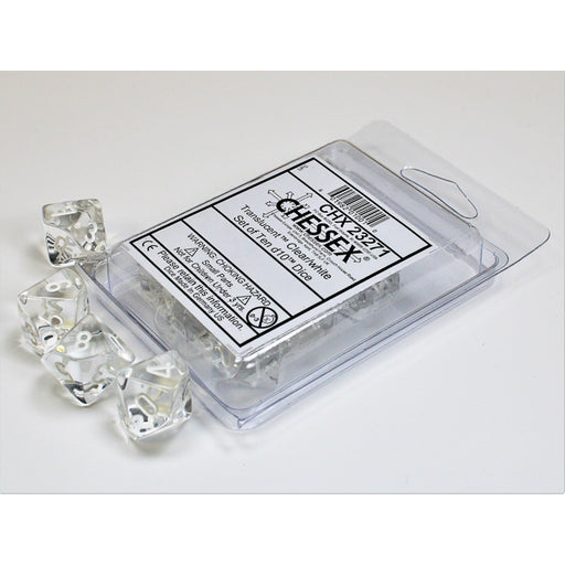Chessex 23271 Translucent Clear/white Set of Ten d10s (9003707498733)