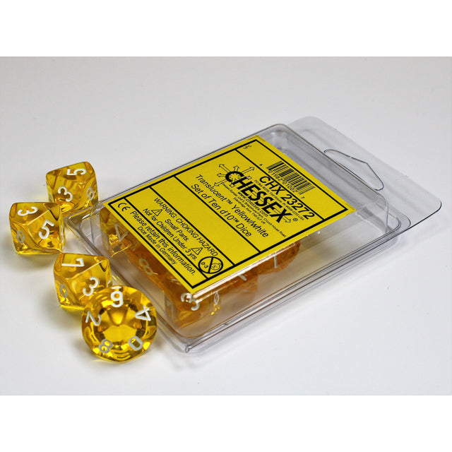 Chessex 23272 Translucent Yellow/white Set of Ten d10s (9003707564269)