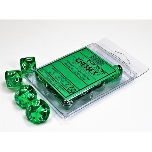 Chessex 23275 Translucent Green/white Set of Ten d10s (9003707760877)