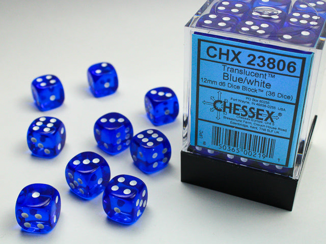 Chessex 23806 Translucent 12mm d6 (36 Dice) Blue/white (9003875139821)