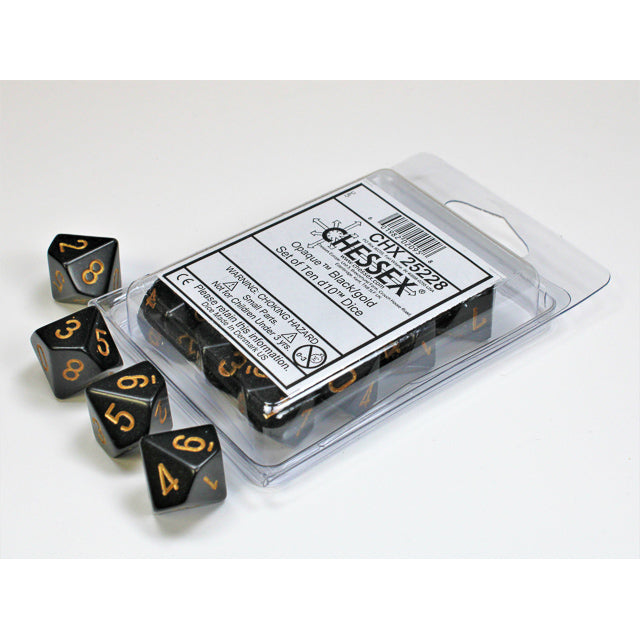 Chessex 25228 Opaque Black/gold Set of Ten d10s (9003715133677)
