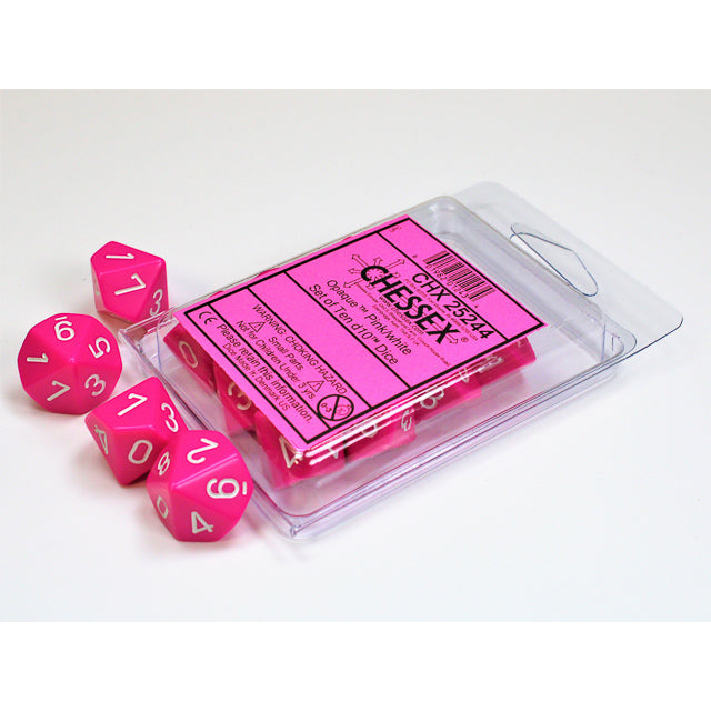 Chessex 25244 Opaque Pink/white Set of Ten d10s (9003709497581)