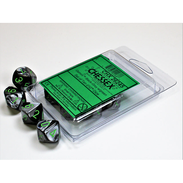 Chessex 26245 Gemini Black-Grey/green Set of Ten d10s (9003725160685)
