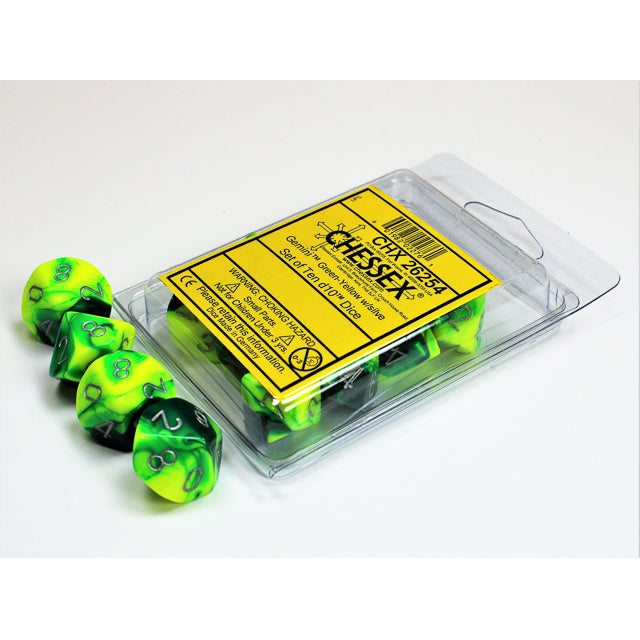 Chessex 26254 Gemini Green-Yellow/silver Set of Ten d10s (9003725357293)