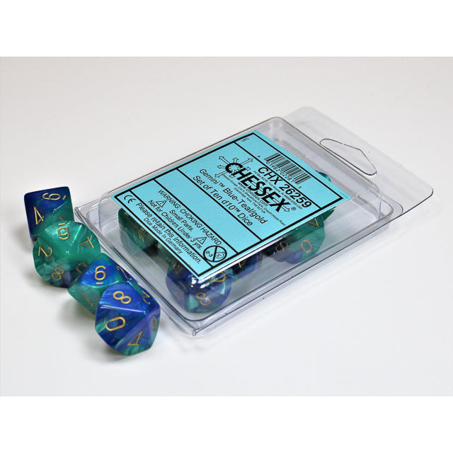 Chessex 26259 Gemini Blue-Teal/gold Set of Ten d10s (9003725455597)