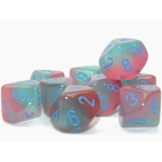 Chessex 26264 Gemini Gel Green-Pink/blue Luminary Set of 10 d10s (9003747836141)