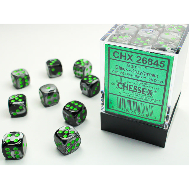 Chessex 26845 Gemini 12mm d6 Black-Grey/green Dice Block (36 dice) (9003729289453)