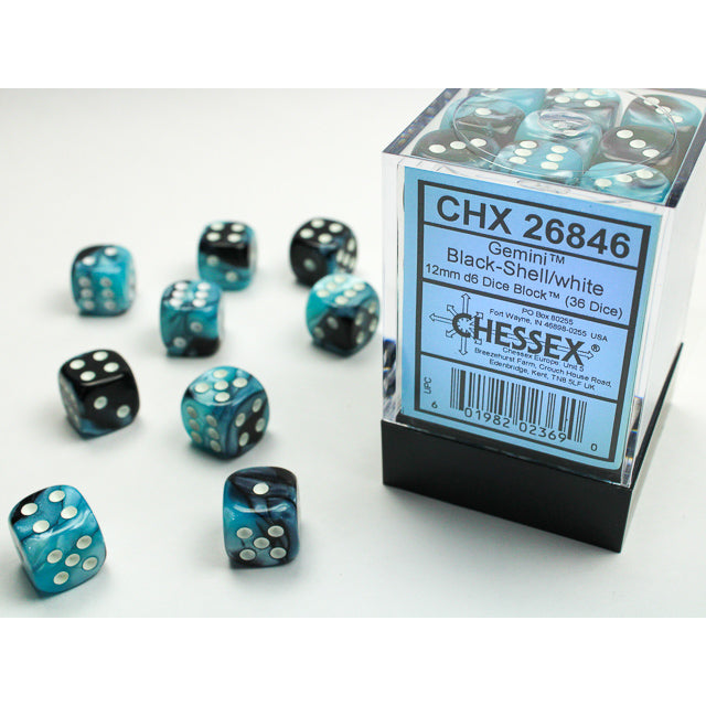 Chessex 26846 Gemini 12mm d6 Black-Shell/white Dice Block (36 dice) (9003729354989)