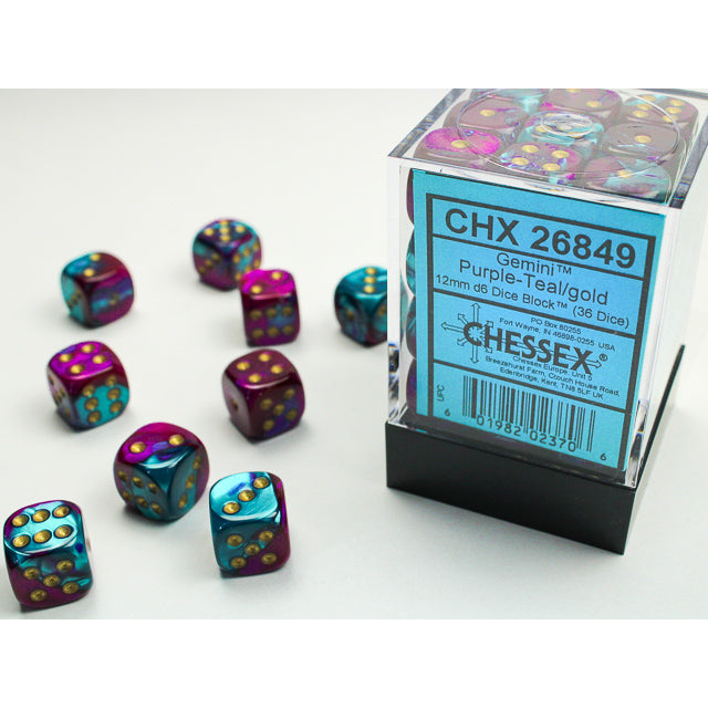Chessex 26849 Gemini 12mm d6 Purple-Teal/gold Dice Block (36 dice) (9003729387757)