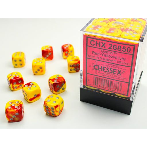 Chessex 26850 Gemini 12mm d6 Red-Yellow/silver Dice Block (36 dice) (9003729453293)