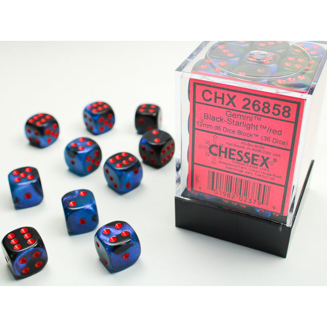 Chessex 26858 Gemini 12mm d6 Black-Starlight/red Dice Block (36 dice) (9003729748205)