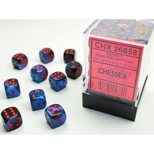 Chessex 26858 Gemini 12mm d6 Black-Starlight/red Dice Block (36 dice) (9003729748205)