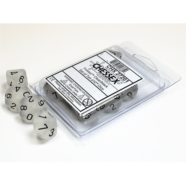 Chessex 27201 Frosted Clear/black Set of Ten d10s (9003730010349)