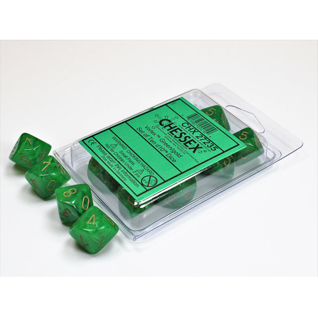 Chessex 27235 Vortex Green/gold Set of Ten d10s (9003731026157)