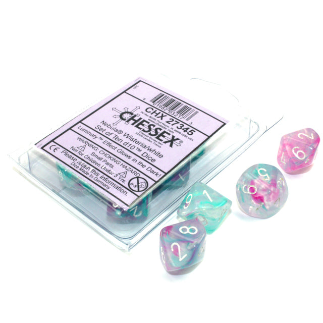 Chessex 27345 Nebula Wisteria/white Luminary Set of Ten d10s (9003744198893)