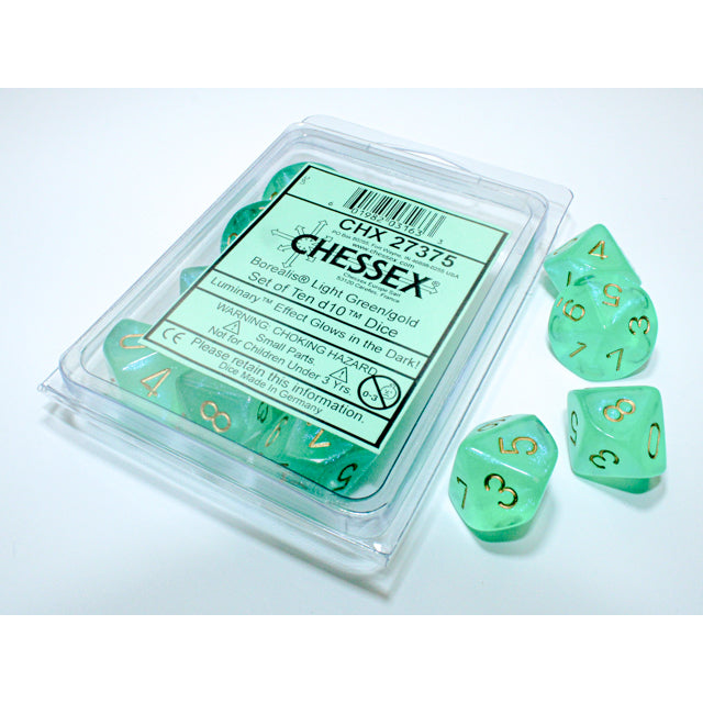 Chessex 27375 Borealis Light Green/gold Luminary Set of Ten d10s (9003743379693)