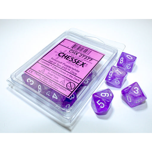 Chessex 27377 Borealis Purple/white Luminary Set of Ten d10s (9003742363885)