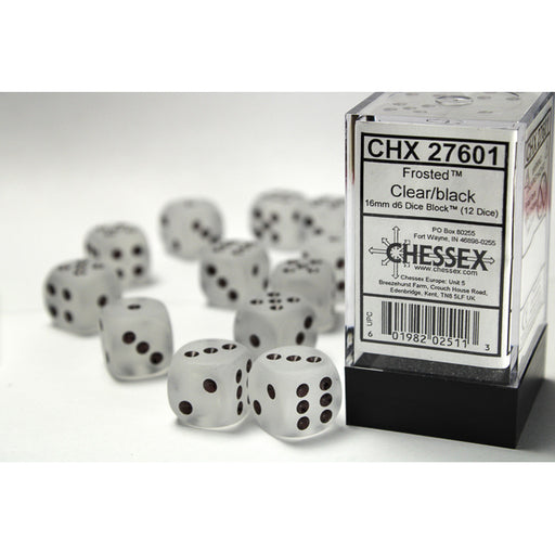 Chessex 27601 Frosted 16mm d6 Clear/black Dice Block (12 dice) (9003735843053)