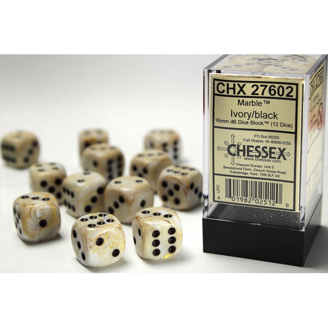 Chessex Marble Ivory/black 16mm d6 Dice Block (12 dice) - CHX27602