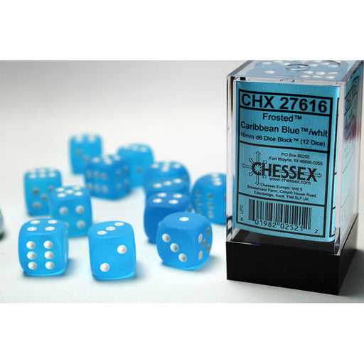 Chessex 27616 Frosted 16mm d6 Caribbean Blue/white Dice Block (12 dice) (9003736400109)