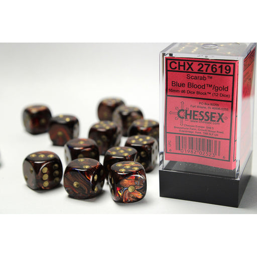 Chessex 27619 Scarab 16mm d6 Blue Blood/gold Dice Block (12 dice) (9003736531181)