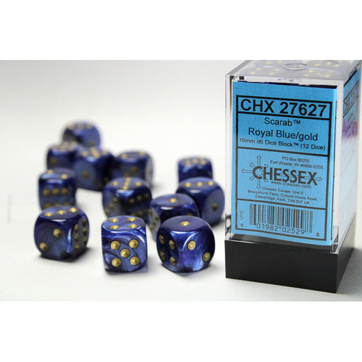 Chessex 27627 Scarab 16mm d6 Royal Blue/gold Dice Block (12 dice) (9003736695021)
