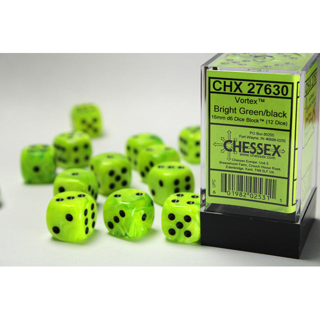 Chessex 27630 Vortex 16mm d6 Bright Green/black Dice Block (12 dice) (9003736793325)