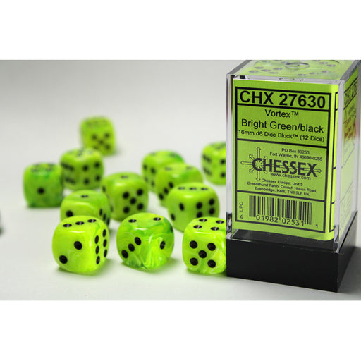Chessex 27630 Vortex 16mm d6 Bright Green/black Dice Block (12 dice) (9003736793325)