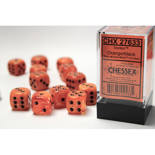 Chessex 27633 Vortex 16mm d6 Orange/black Dice Block (12 dice) (9003736858861)