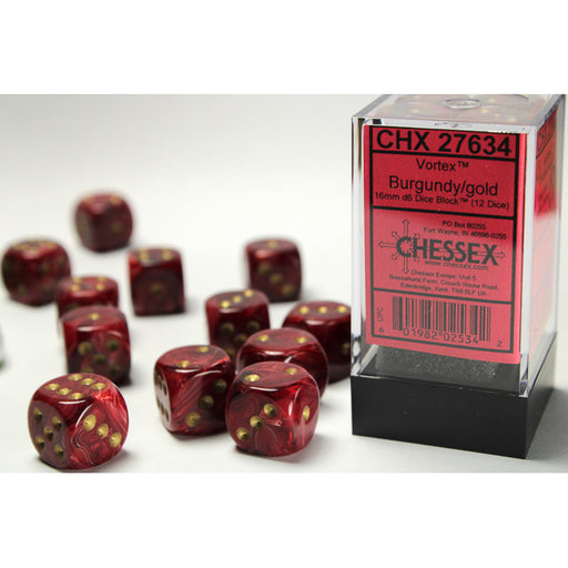 Chessex 27634 Vortex 16mm d6 Burgundy/gold Dice Block (12 dice) (9003736924397)