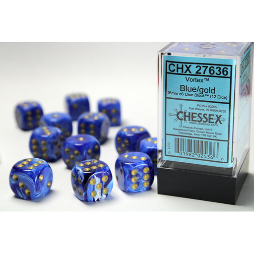 Chessex 27636 Vortex 16mm d6 Blue/gold Dice Block (12 dice) (9003737088237)
