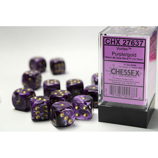 Chessex 27637 Vortex 16mm d6 Purple/gold Dice Block (12 dice) (9003737186541)