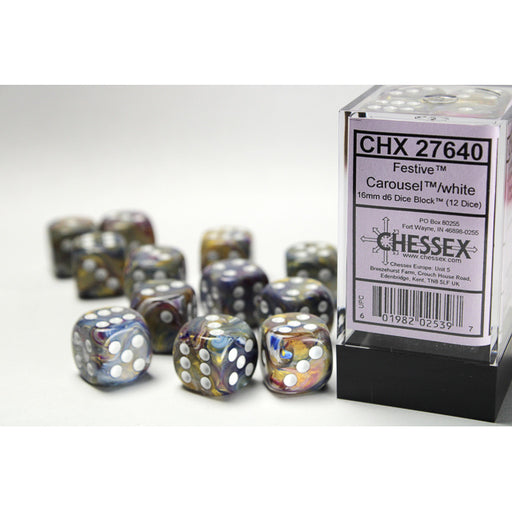Chessex 27640 Festive 16mm d6 Carousel/white Dice Block (12 dice) (9003737252077)