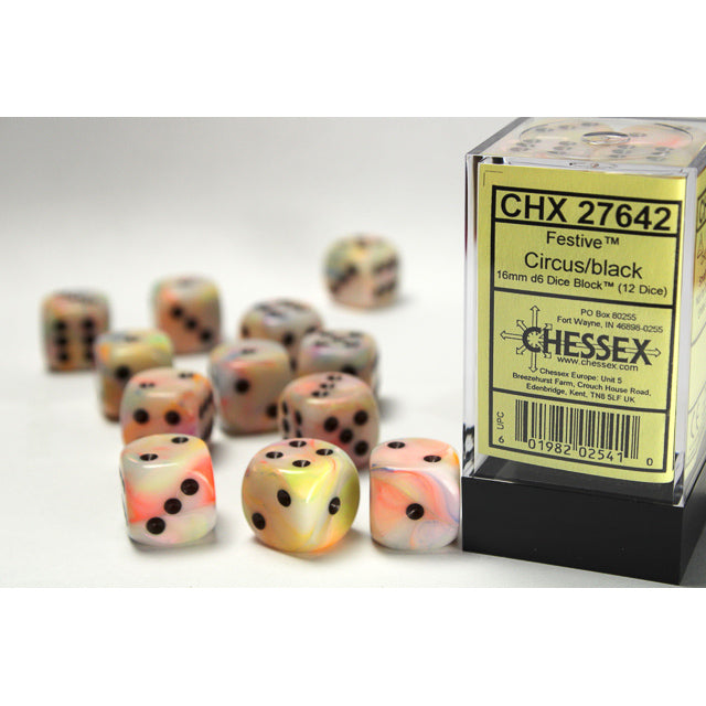 Chessex 27642 Festive 16mm d6 Circus/black Dice Block (12 dice) (9003737350381)