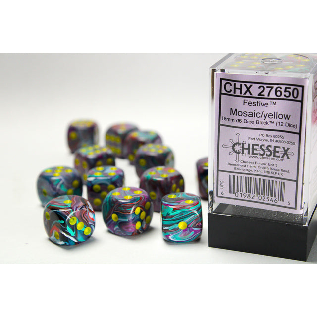 Chessex 27650 Festive 16mm d6 Mosaic/yellow Dice Block (12 dice) (9003737546989)