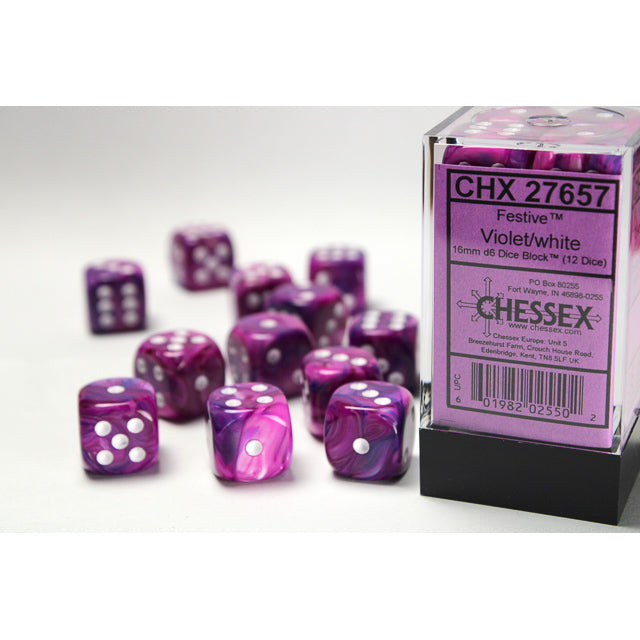 Chessex 27657 Festive 16mm d6 Violet/white Dice Block (12 dice) (9003737710829)