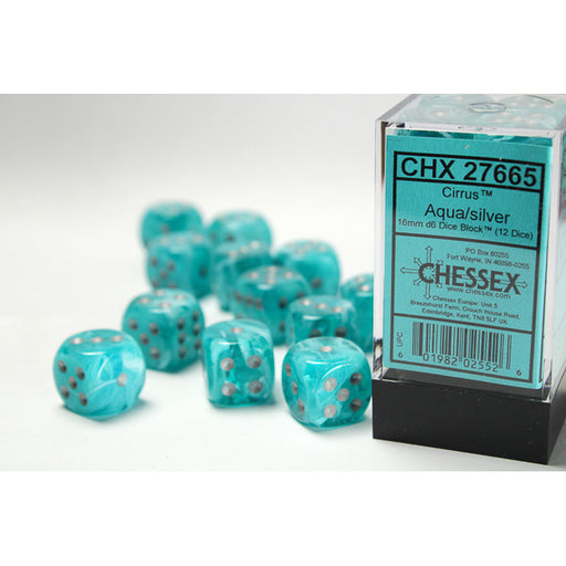 Chessex 27665 Cirrus 16mm d6 Aqua/silver Dice Block (12 dice) (9003737776365)