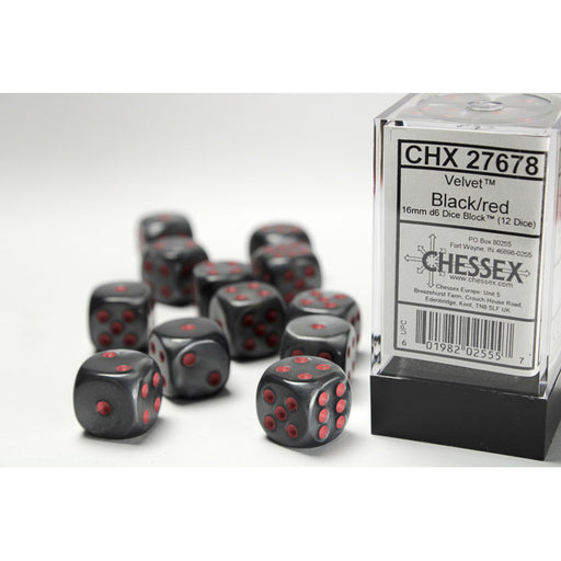 Chessex 27678 Velvet 16mm d6 Black/red Dice Block (12 dice) (9003738136813)