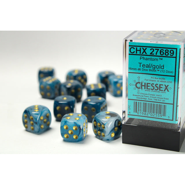 Chessex 27689 Phantom 16mm d6 Teal/gold Dice Block (12 dice) (9003738267885)