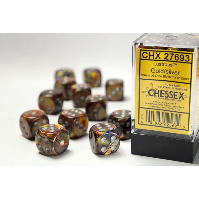 Chessex 27693 Lustrous 16mm d6 Gold/silver Dice Block (12 dice) (9003738398957)