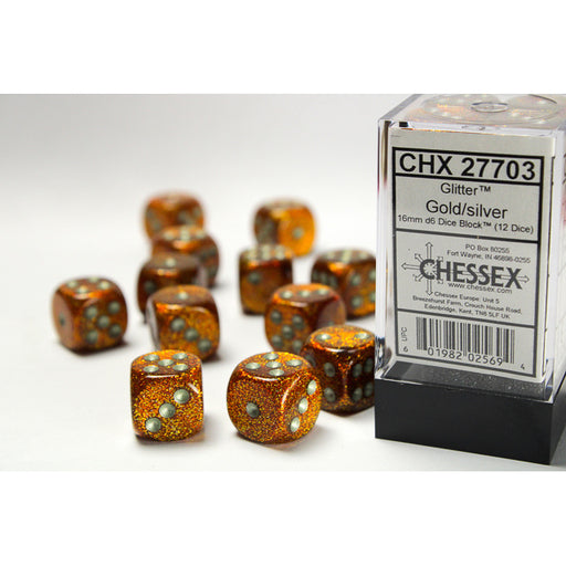 Chessex 27703 Glitter 16mm d6 Gold/silver Dice Block (12 dice) (9003738726637)