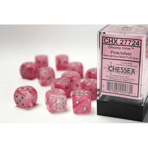 Chessex 27724 Ghostly Glow 16mm d6 Pink/silver Dice Block (12 dice) (9003738824941)
