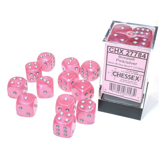 Chessex 27784 Borealis 16mm d6 Pink/silver Luminary Dice Block (12 dice) (9003742757101)