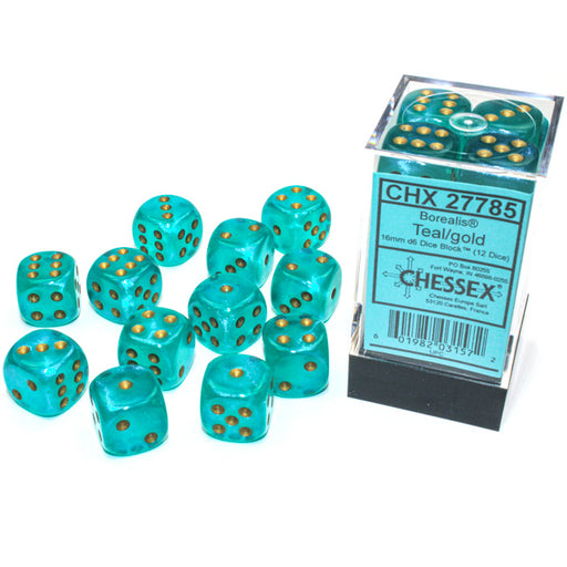 Chessex 27785 Borealis 16mm d6 Teal/gold Luminary Dice Block (12 dice) (9003743019245)