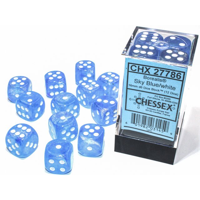 Chessex 27786 Borealis 16mm d6 Sky Blue/white Luminary Dice Block (12 dice) (9003742232813)