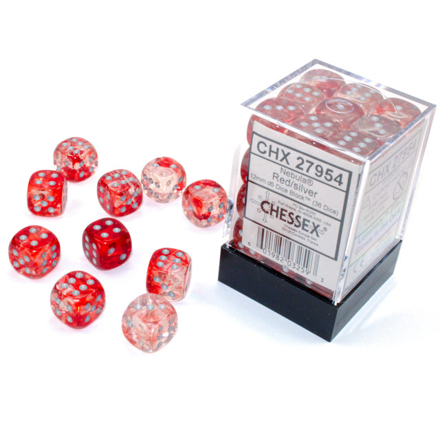 Chessex 27954 Nebula 12mm d6 Red/silver Luminary Dice Block (36 dice) (9003744854253)