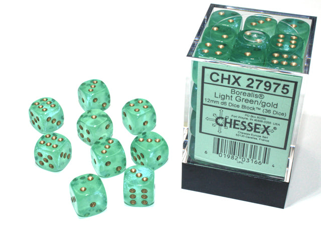Chessex 27975 Borealis 12mm d6 Light Green/gold Luminary Dice Block (36 dice) (9003743576301)