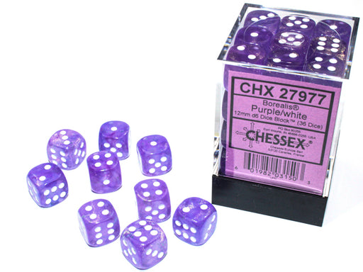 Chessex 27977 Borealis 12mm d6 Purple/white Luminary Dice Block (36 dice) (9003742527725)