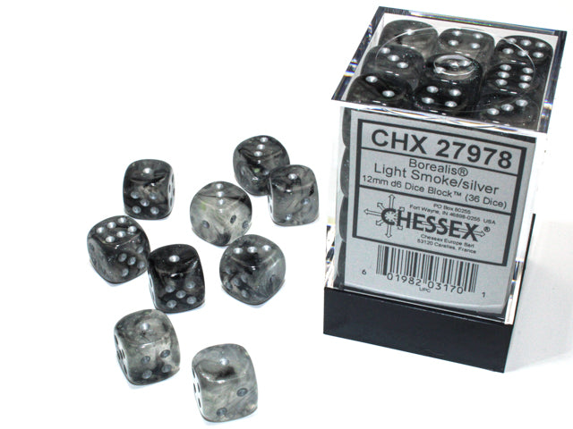 Chessex 27978 Borealis 12mm d6 Light Smoke/silver Luminary Dice Block (36 dice) (9003744002285)